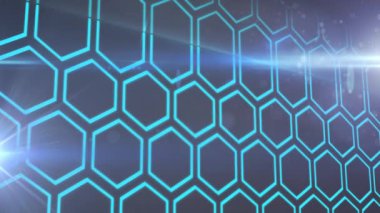 Siyah arkaplandaki ışık noktalarıyla altıgen şekillerin dijital animasyonu. bilgisayar arayüzü ve teknoloji kavramı