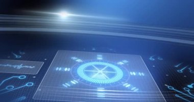 Parlak mavi arkaplan üzerindeki ekranlarda istatistik kaydının ve dürbünün canlandırılması. dijital arayüz, küresel bağlantı ve dijital olarak oluşturulan iletişim konsepti.