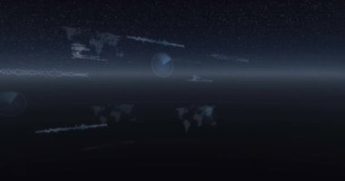 Veri işleme animasyonu, dünya haritaları ve evren üzerindeki istatistikler. dijital arayüz, küresel bağlantı ve dijital olarak oluşturulan iletişim konsepti.