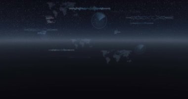 Veri işleme animasyonu, dünya haritaları ve evren üzerindeki istatistikler. dijital arayüz, küresel bağlantı ve dijital olarak oluşturulan iletişim konsepti.