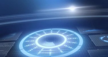 Mavi arkaplan üzerindeki ekranlardaki istatistik kayıt ve taramalarının animasyonu. dijital arayüz, küresel bağlantı ve dijital olarak oluşturulan iletişim konsepti.