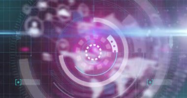 Çörek taraması animasyonu ve arka planda simge ağı. dijital arayüz, kimlik ve teknoloji konsepti dijital olarak oluşturulmuş video.