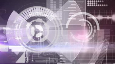 Mor zemin üzerinde veri işleme ile dijital arayüze karşı yuvarlak tarayıcı. bilgisayar arayüzü ve teknoloji kavramı