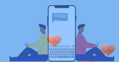Akıllı telefon arayüzü üzerinde yüzen kalp simgeleri akıllı telefon kullanan kadın ve erkek simgelerine karşı. Sosyal medya ağı ve teknoloji kavramı