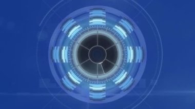 Mavi arkaplandaki veri işlemesine karşı yuvarlak tarayıcının dijital animasyonu. bilgisayar arayüzü ve teknoloji kavramı