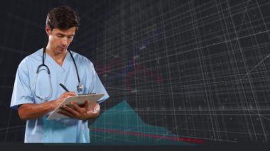 Panoya yazı yazan erkek doktorla ilgili istatistik kayıtlarının animasyonu. küresel koronavirüs salgını konsepti dijital olarak oluşturulmuş video.