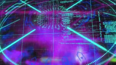 Kapsam taraması ve şebeke ve pembe parıltı üzerindeki veri işleme animasyonları. dijital arayüz, bağlantı ve teknoloji konsepti dijital olarak oluşturulmuş video.