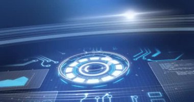 Mavi arkaplan üzerinde tarama ve veri işleme animasyonu. dijital arayüz, küresel bağlantı ve dijital olarak oluşturulan iletişim konsepti.