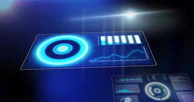 Kapsam taraması animasyonu, istatistik kaydı ve mavi arkaplandaki ekranlardaki veri işlemesi. dijital arayüz, küresel bağlantı ve dijital olarak oluşturulan iletişim konsepti.