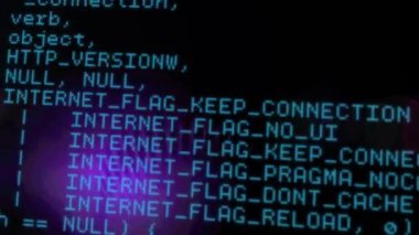 Mor parlayan ışıkların üzerinde veri işleme animasyonu. dijital arayüz, bağlantı ve iletişim konsepti dijital olarak oluşturulmuş video.