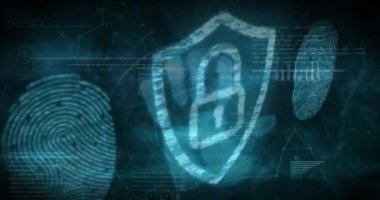 Güvenlik kilidi ve biyometrik parmak izi tarayıcısı siyah arkaplandaki bağlantı ağına karşı. siber güvenlik ve teknoloji kavramı