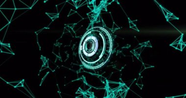 Kapsam taraması animasyonu ve siyah arkaplanda yeşil bağlantı ağları. dijital arayüz, bağlantı ve iletişim konsepti dijital olarak oluşturulmuş video.