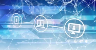 Dijital simgeler, mavi arkaplanda dijital arayüz üzerinden bağlantı ağına karşı. küresel ağ ve teknoloji kavramı