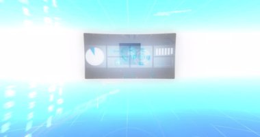 Kapsam taraması animasyonu, istatistik kaydı, ekranlarda küresel dönüşler ve veri işleme. dijital arayüz, küresel bağlantı ve dijital olarak oluşturulan iletişim konsepti.