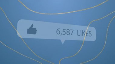 Konuşma balonu, mavi arkaplandaki altın çizgilere karşı başparmak kaldırma simgesi ve artan beğeni ile. bilgisayar arayüzü ve sosyal medya ağ kavramı