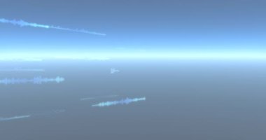 Parlak mavi arkaplanda veri işleme ve kaydedilen parçacıkların canlandırması. dijital arayüz, küresel bağlantı ve dijital olarak oluşturulan iletişim konsepti.