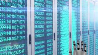 Robotik parmak, bilgisayar sunucu odasındaki biyometrik parmak izi tarayıcısını tarıyor. siber güvenlik ve teknoloji kavramı