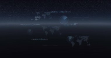 Veri işleme animasyonu, dünya haritaları ve evren üzerindeki istatistikler. dijital arayüz, küresel bağlantı ve dijital olarak oluşturulan iletişim konsepti.