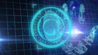 Yuvarlak tarayıcı, biyometrik parmak izi tarayıcısı ve mavi arka planda güvenlik kilidi. siber güvenlik ve teknoloji kavramı