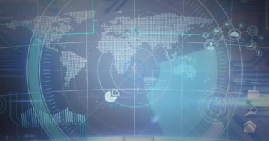 Dijital simgeler üzerinde yuvarlak tarayıcı ve mavi arka planda dünya haritası. bilgisayar arayüzü ve teknoloji kavramı