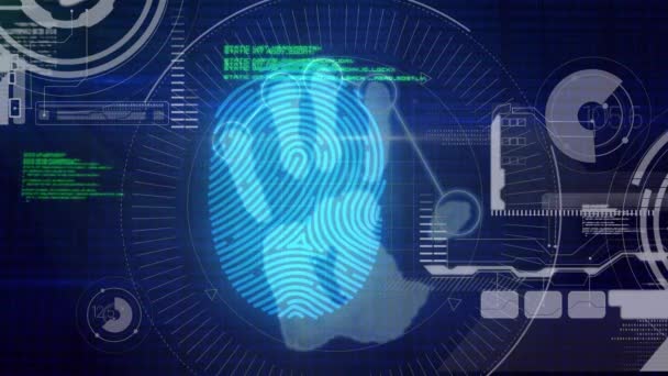 Animatie Van Hand Met Biometrische Vingerafdruk Gegevensverwerking Scopen Scannen Digitale — Stockvideo