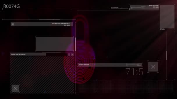 Säkerhet Hänglås Och Digitalt Gränssnitt Med Databehandling Mot Svart Bakgrund — Stockvideo
