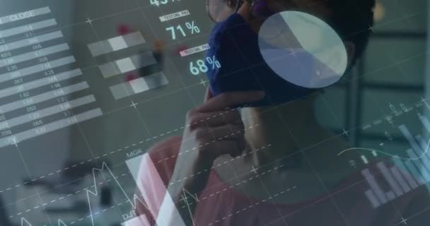 Animatie Van Statistieken Opname Vrouw Het Kantoor Met Gezichtsmasker Global — Stockvideo