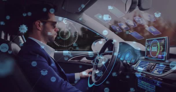 Rede Ícones Digitais Contra Homem Dirigindo Carro Auto Futurista Interface — Vídeo de Stock