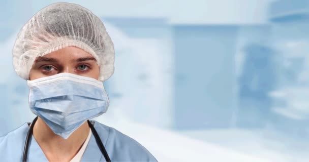 Portret Kobiety Chirurga Masce Tle Szpitala Koncepcja Badań Medycznych Technologii — Wideo stockowe