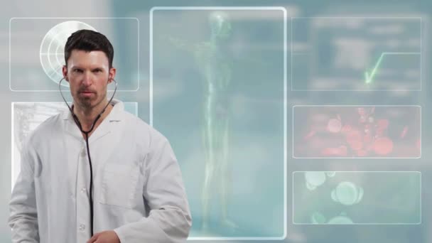 Tıbbi Verilerle Steteskopu Ekranların Üzerinde Tutan Erkek Doktorun Portresinin Animasyonu — Stok video