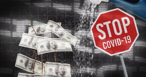 Covid Señal Advertencia Agua Cayendo Contra Árbol Dólares Americanos Icono — Vídeo de stock