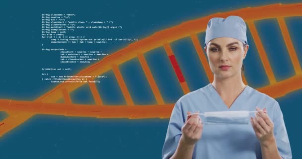 Struktura Dna Przetwarzanie Danych Przeciwko Portretowi Pracownicy Służby Zdrowia Noszącej — Wideo stockowe