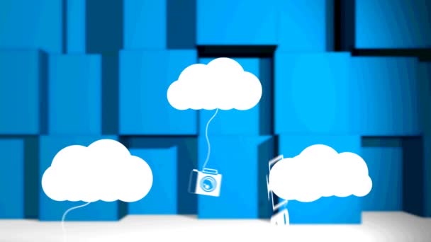 Ψηφιακές Εικόνες Που Κρέμονται Στα Σύννεφα Ενάντια Τετράγωνα Σχήματα Μπλε — Αρχείο Βίντεο