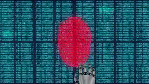 青の背景でデータ処理に対する生体認証スキャナ上のロボットの指のスキャン サイバーセキュリティとテクノロジーの概念 — ストック動画