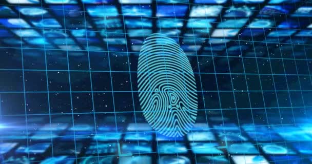 Security Padlock Biometric Fingerprint Scanner Grid Network Blue Background Cyber — Vídeo de stock