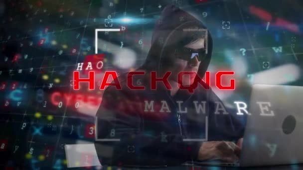 Animation Online Security Warning Text Hacker Hood Sunglasses Using Laptop — Stock Video