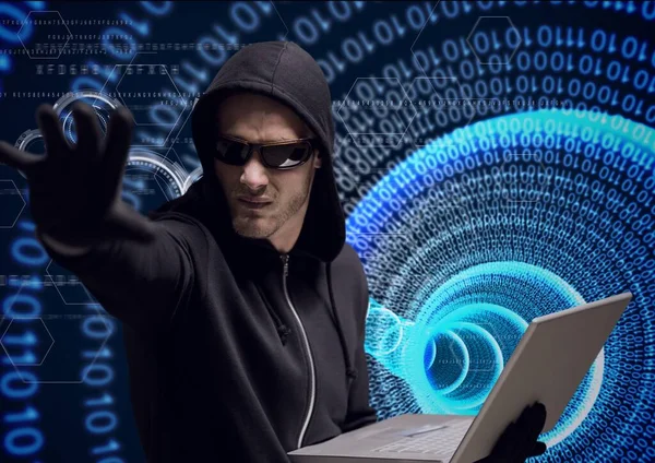 Composition Binary Coding Hacker Hood Using Laptop Online Security Cyber — Stockfoto