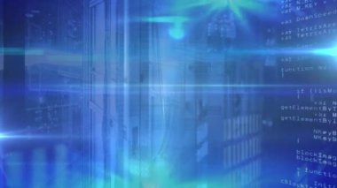 Veri işleme ve bilgisayar sunucusundaki ışık lekesi mavi arka planda. bilgisayar arayüzü ve teknoloji kavramı