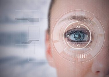 Yuvarlak tarayıcı ve veri işleme ile dijital arayüz dişi insan gözüne karşı. siber güvenlik ve dijital arayüz teknolojisi kavramı