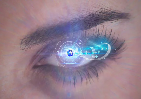 Digital composite image of round scanner and globe against close up of female human eye. cyber security and digital interface technology concept