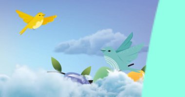 Mavi arka planda uçan iki kuş ve süslü paskalya yumurtaları üzerinde mutlu paskalya metni canlandırması. Paskalya kutlaması ve geleneksel konsept dijital olarak oluşturulmuş video.