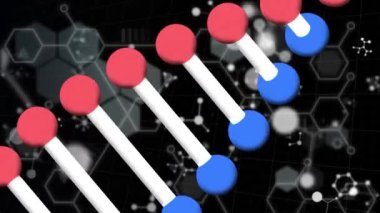 DNA yapısı dönüyor ve moleküler yapılar siyah zemin üzerinde yüzüyor. tıbbi araştırma ve teknoloji konsepti