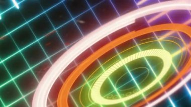 Neon parlayan yuvarlak tarayıcının dijital animasyonu siyah arkaplana karşı ızgara ağına karşı. bilgisayar arayüzü ve teknoloji kavramı