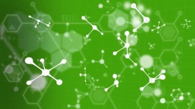 Yeşil arka planda yüzen birden fazla moleküler yapının dijital animasyonu. tıbbi araştırma ve teknoloji konsepti