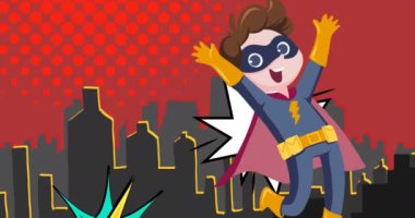 Geceleyin şehrin üzerinde uçan süper kahramanla retro konuşma baloncuklarının canlandırması. Klasik çizgi roman süper kahraman konsepti dijital olarak oluşturulmuş video.