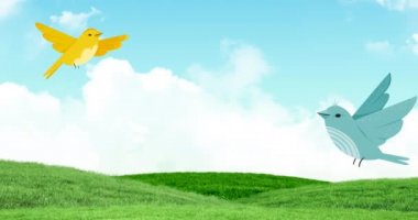 Arka planda mavi gökyüzü ve bahar çimlerinin üzerinde uçan iki kuşun animasyonu. bahar ve Paskalya kutlaması ve geleneksel konsept dijital olarak oluşturulmuş video.