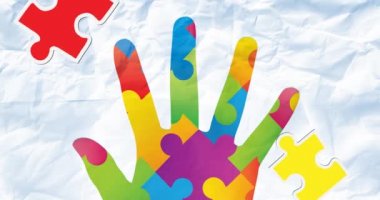 Kırmızı ve sarı bulmacaların animasyonu otizm farkındalığıyla beyazın üzerine düşüyor. otizm ve öğrenme zorlukları destek ve farkındalık kavramı dijital olarak oluşturuldu