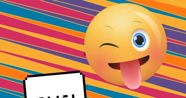 Animação Emoji Sorridente Com Língua Saliente Listras Diagonais Coloridas Fundo — Vídeo de Stock