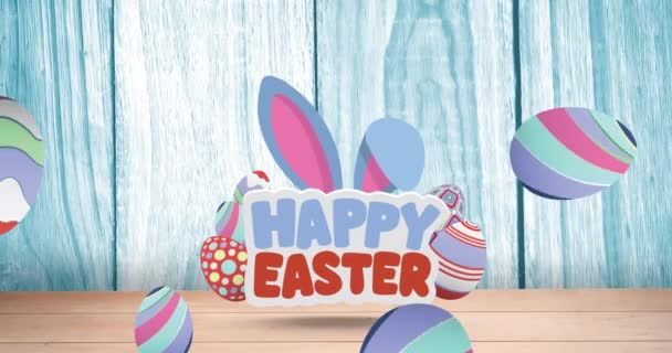 Animation Happy Easter Text Easter Bunny Ears Easter Eggs Blue — Stock Video