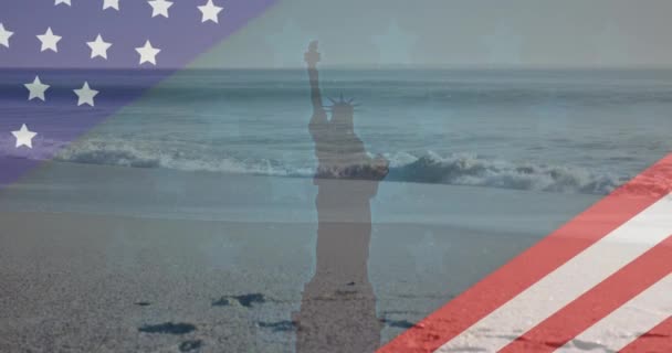Animáció Amerikai Zászló Felfedi Szobor Szabadság Tenger Tengerparton Usa Patriotizmus — Stock videók